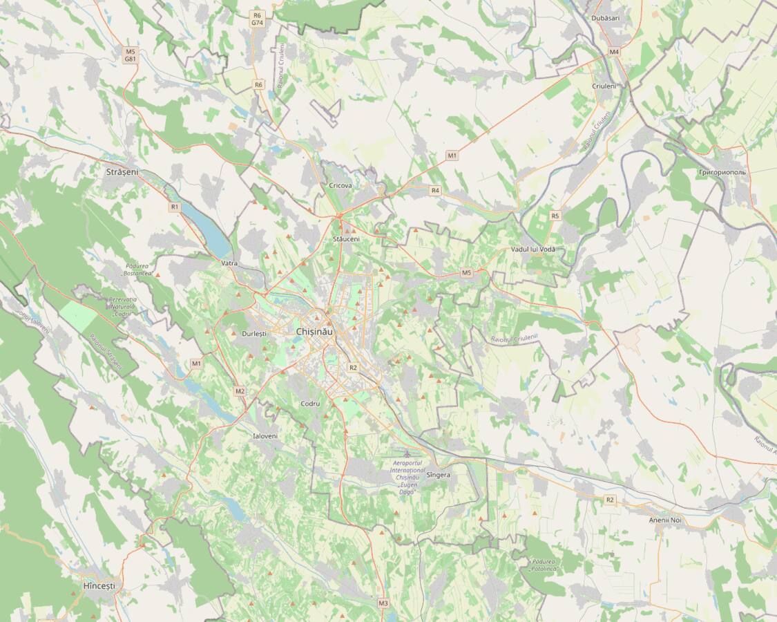 OpenStreetMap region around Chișinău, Moldova, showing the city centre, the five sectors, Chișinău International Airport, and the Cricova and Mileștii Mici wine cellars 14 km north and 18 km south of the capital.