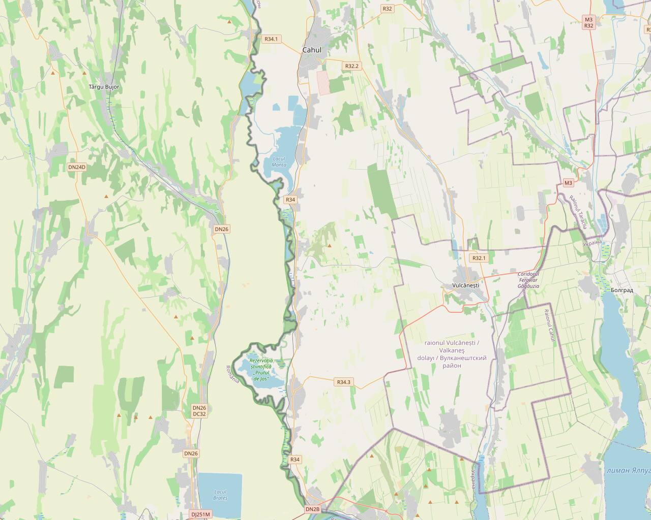 OpenStreetMap of the Lower Prut Valley — Cahul at the top, Lake Manta and the Prutul de Jos reserve along the Prut river border with Romania, down to Giurgiulești at the Danube confluence.