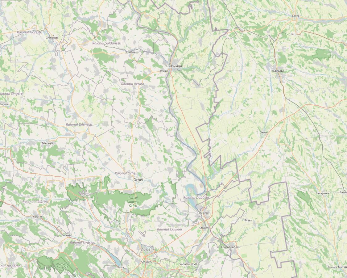 OpenStreetMap region around Orhei, Moldova, showing Orhei town, the Răut river gorge with Butuceni and the Orheiul Vechi reserve, and the road south to Chișinău.