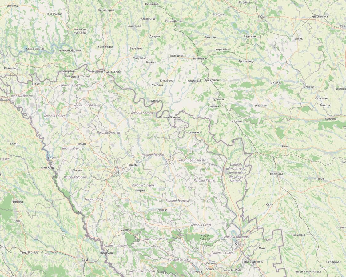 OpenStreetMap region between Soroca and Țipova along the Dniester river in northern Moldova, with Saharna and Rezina in the middle and the Ukrainian border to the north.