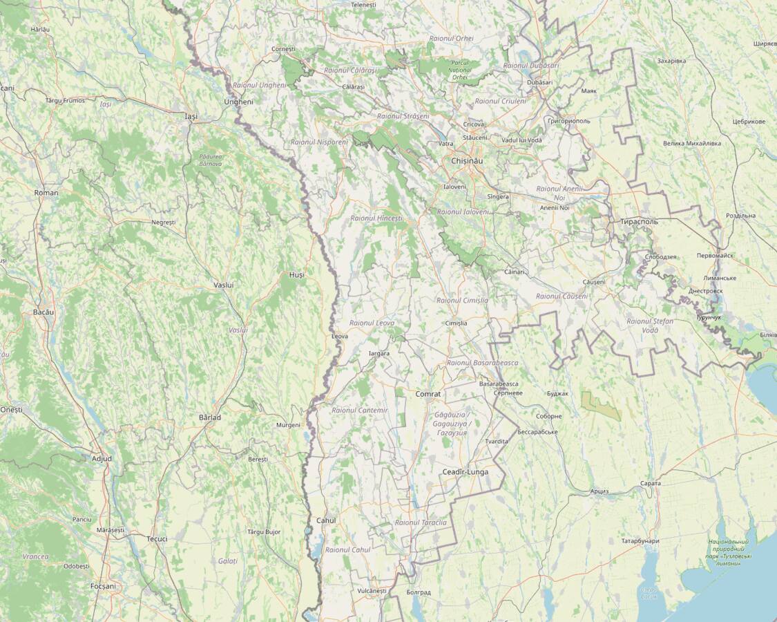OpenStreetMap region covering southern Moldova from Cahul on the Prut river to Purcari on the Dniester, with Lake Beleu and the Romanian + Ukrainian borders visible.